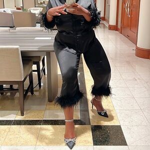 Club L London Black Satin Jumpsuit with Feather Trim